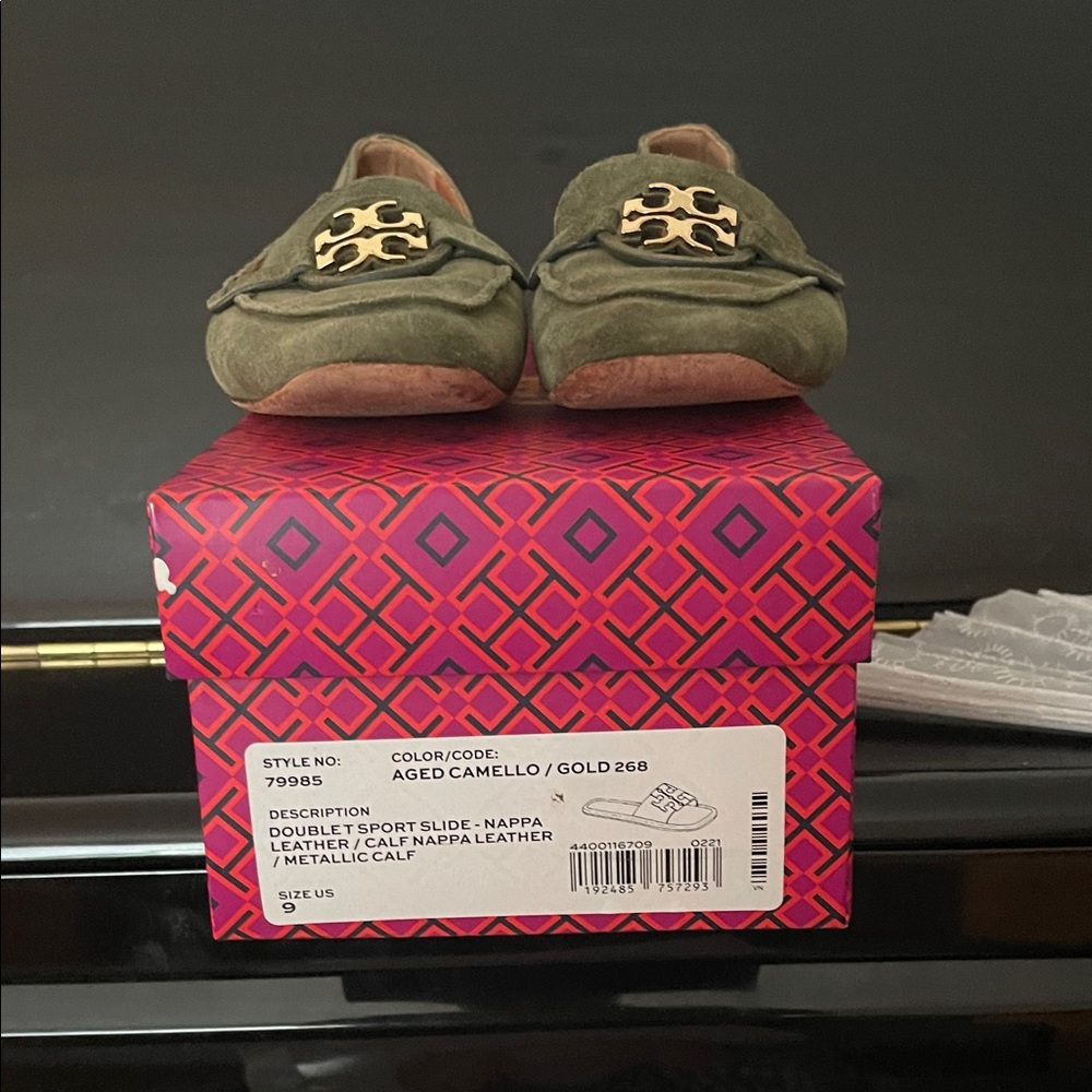 Tory Burch Olive Suede Loafers with Gold Emblem